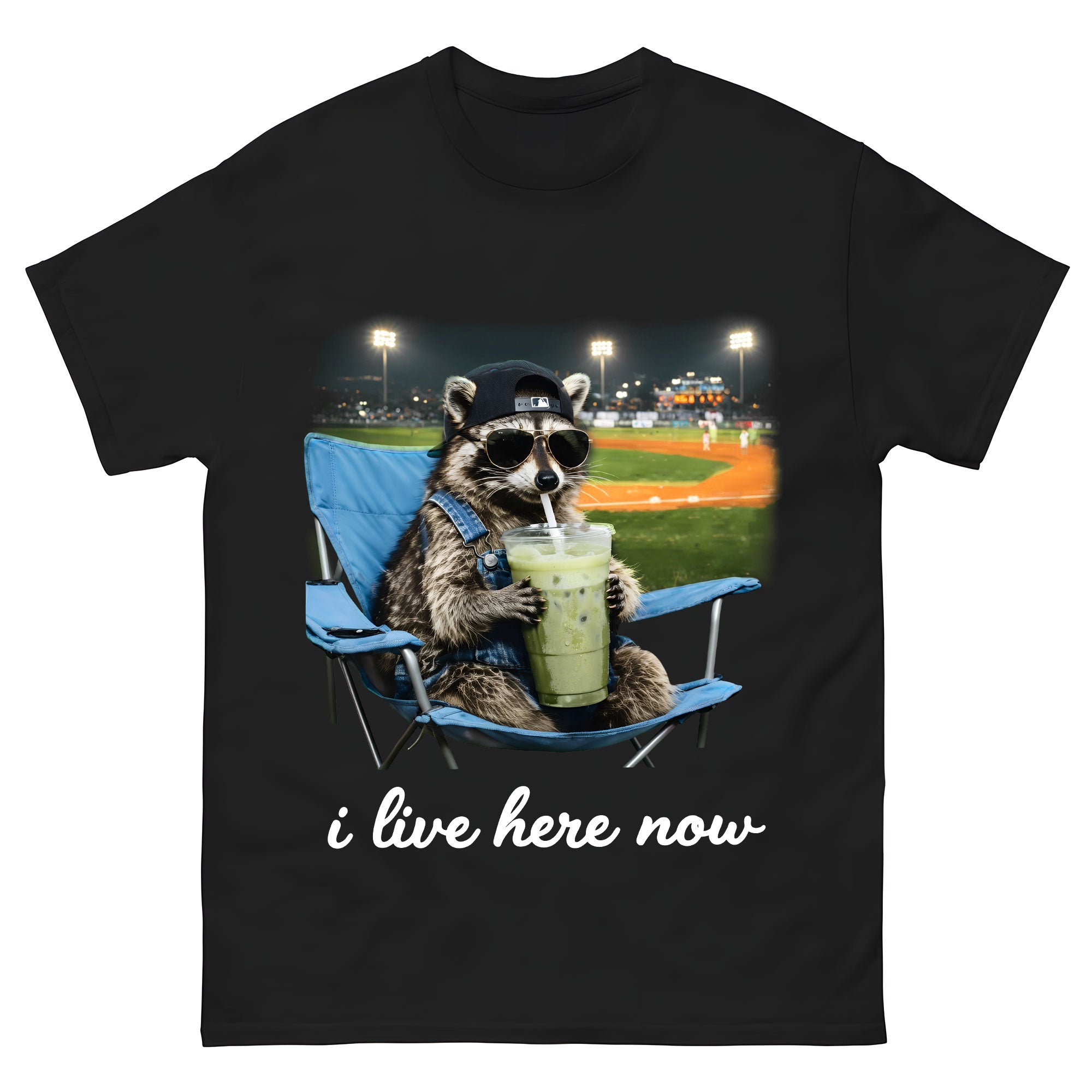 Funny Raccoon Baseball Fan T-Shirt, “I Live Here Now” Graphic Tee, Cool Sports Lover Shirt, Meme Baseball Stadium Shirt