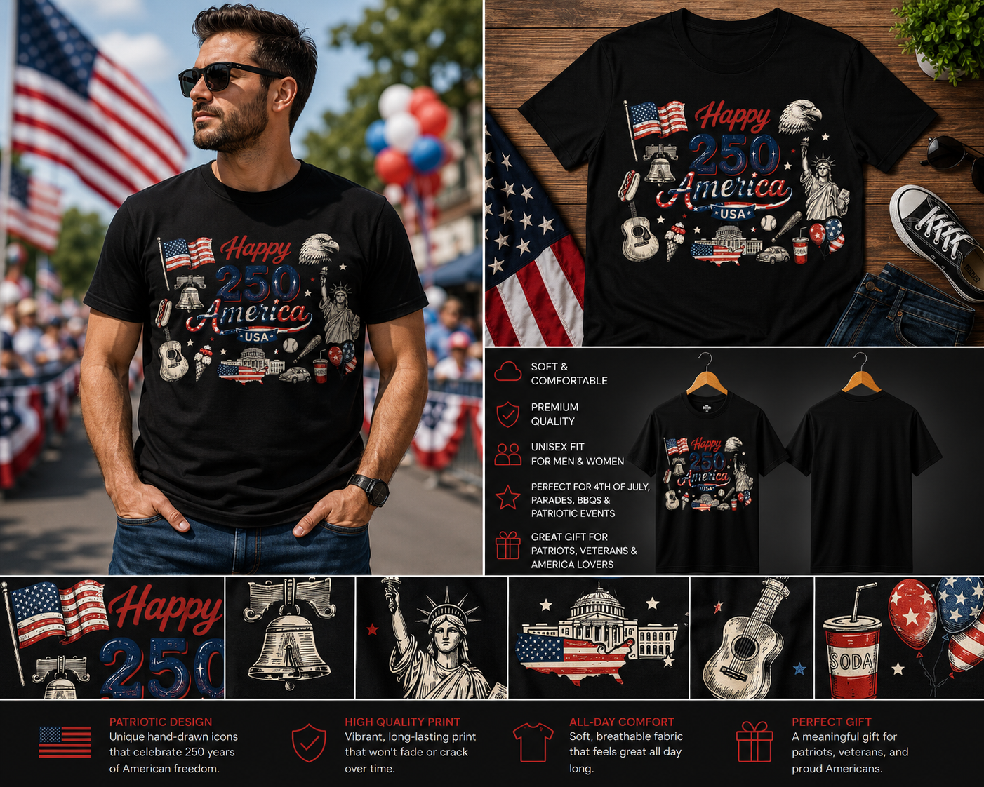 Happy 250 America USA Shirt, America 250th Anniversary Tee, Patriotic Doodle T-Shirt, Semiquincentennial 1776-2026 Celebration Shirt