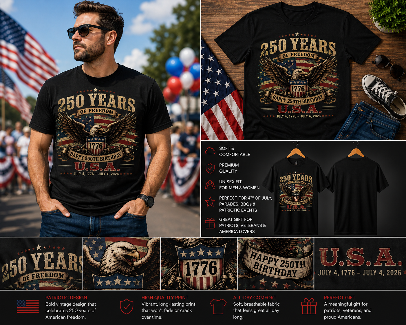 Happy 250th Birthday USA Shirt, America 250 Years of Freedom T-Shirt, Patriotic Eagle Independence Day Tee, USA Semiquincentennial 1776-2026 Shirt
