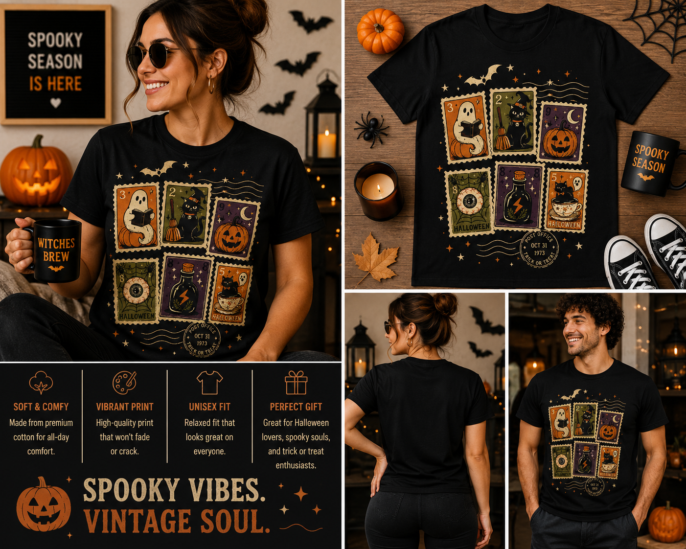 Vintage Halloween Postage Stamp Shirt – Retro Ghost Pumpkin Cat Witchy Graphic Tee