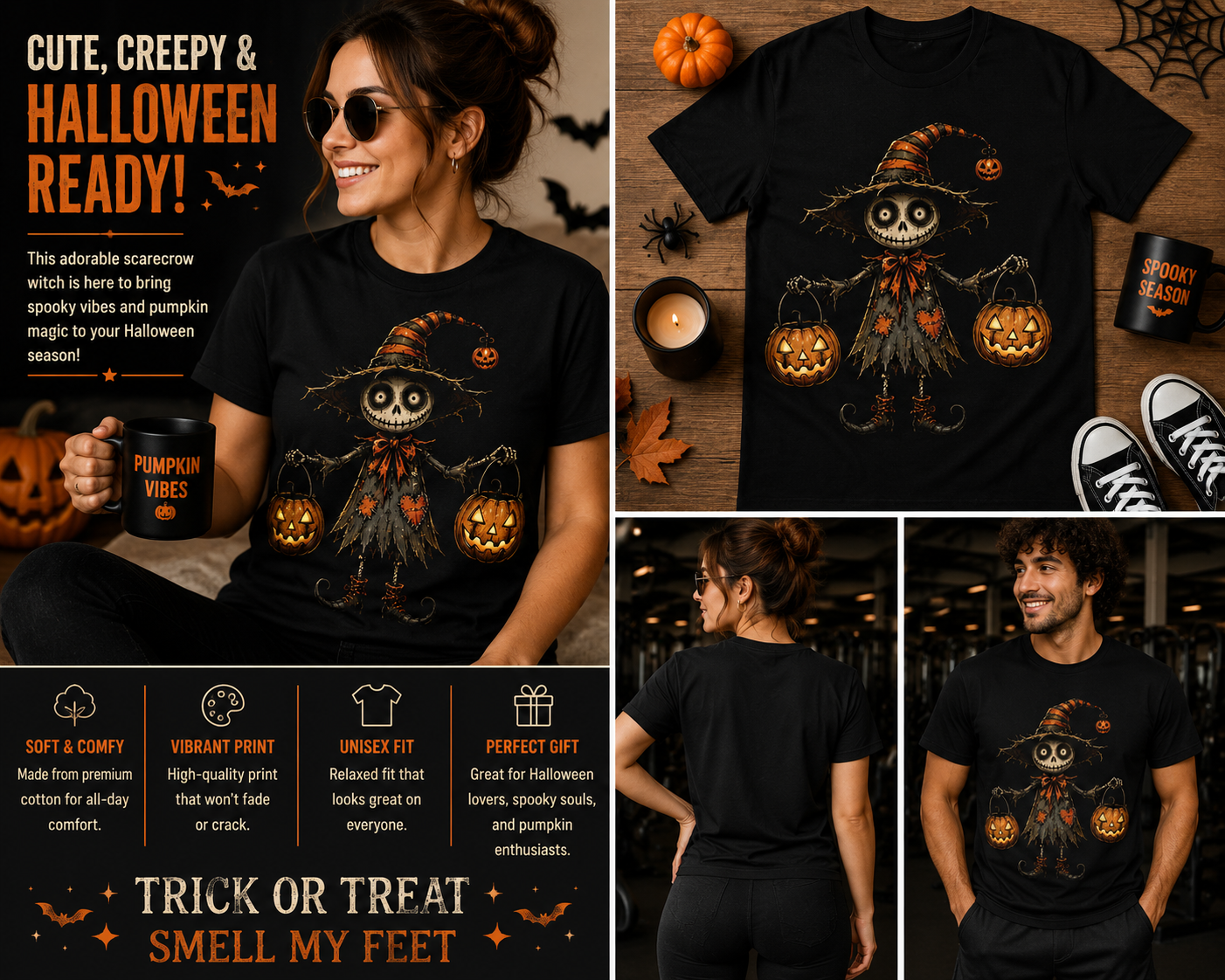 Cute Halloween Scarecrow Witch Shirt – Jack O Lantern Pumpkin Graphic Tee for Women