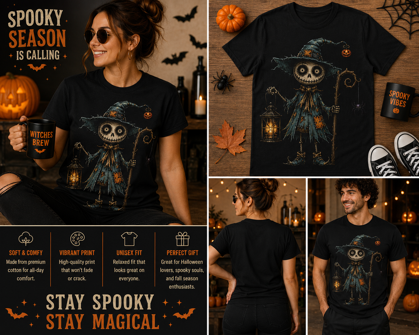 Vintage Scarecrow Witch Halloween Shirt – Spooky Lantern Pumpkin Graphic Tee