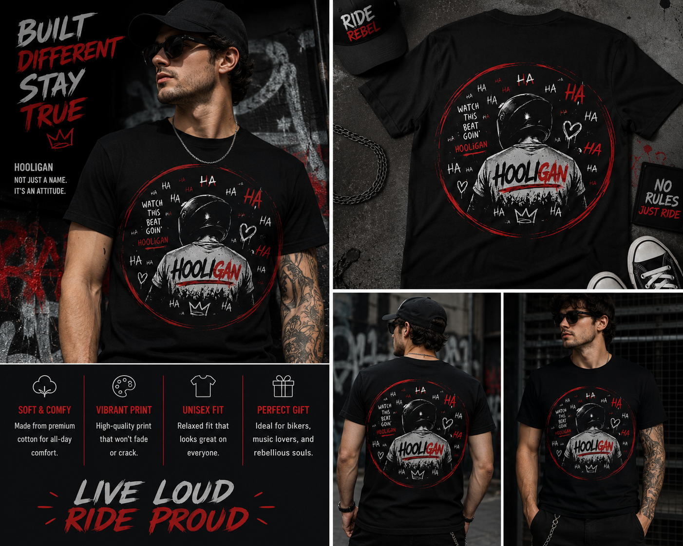 Hooligan Rider Graphic T-Shirt – Urban Streetwear Motorcycle Helmet Punk Style Tee for Men & Women
