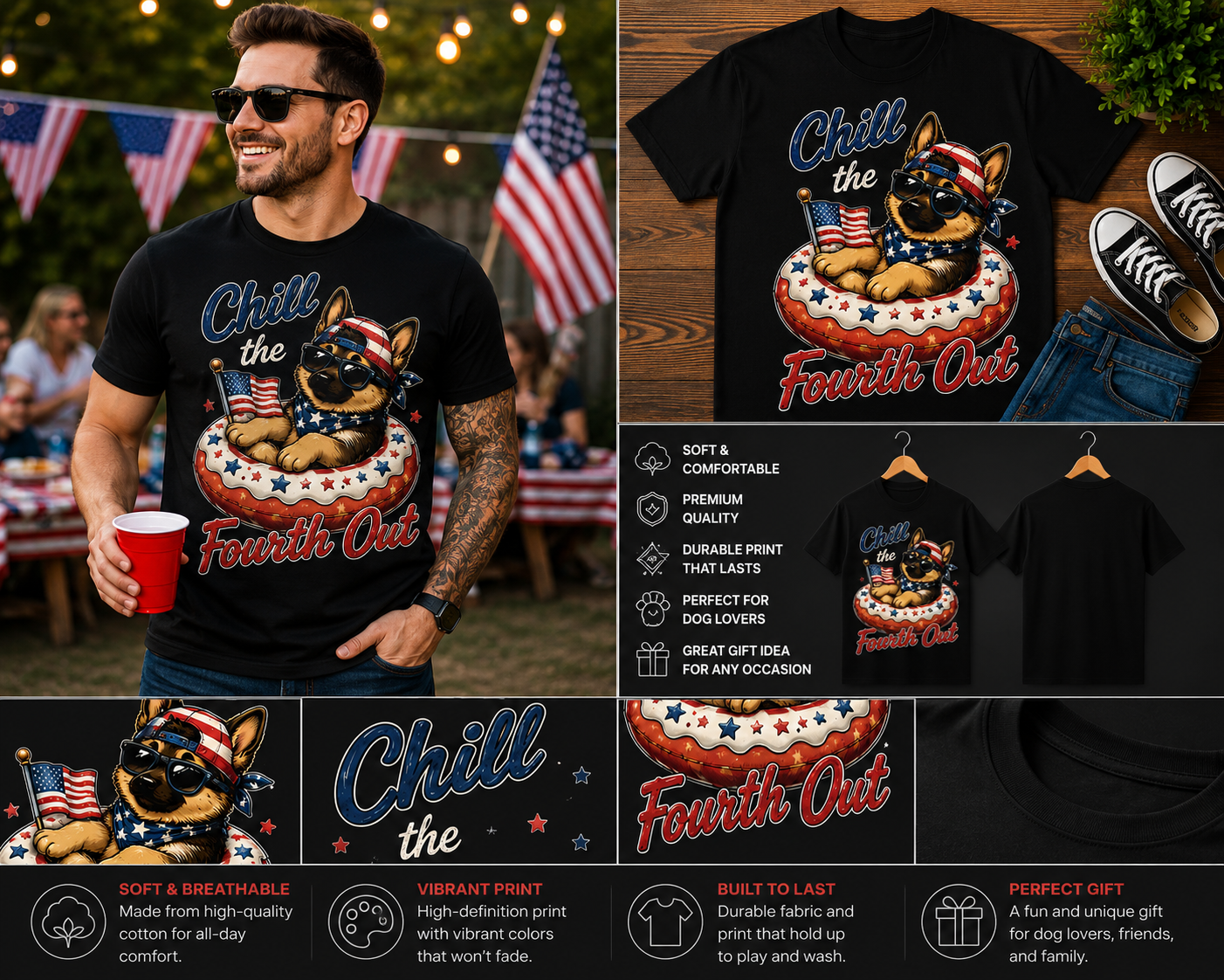 Chill The Fourth Out German Shepherd T-Shirt – Funny Patriotic Dog Lover Shirt | 4th of July Independence Day Puppy Tee