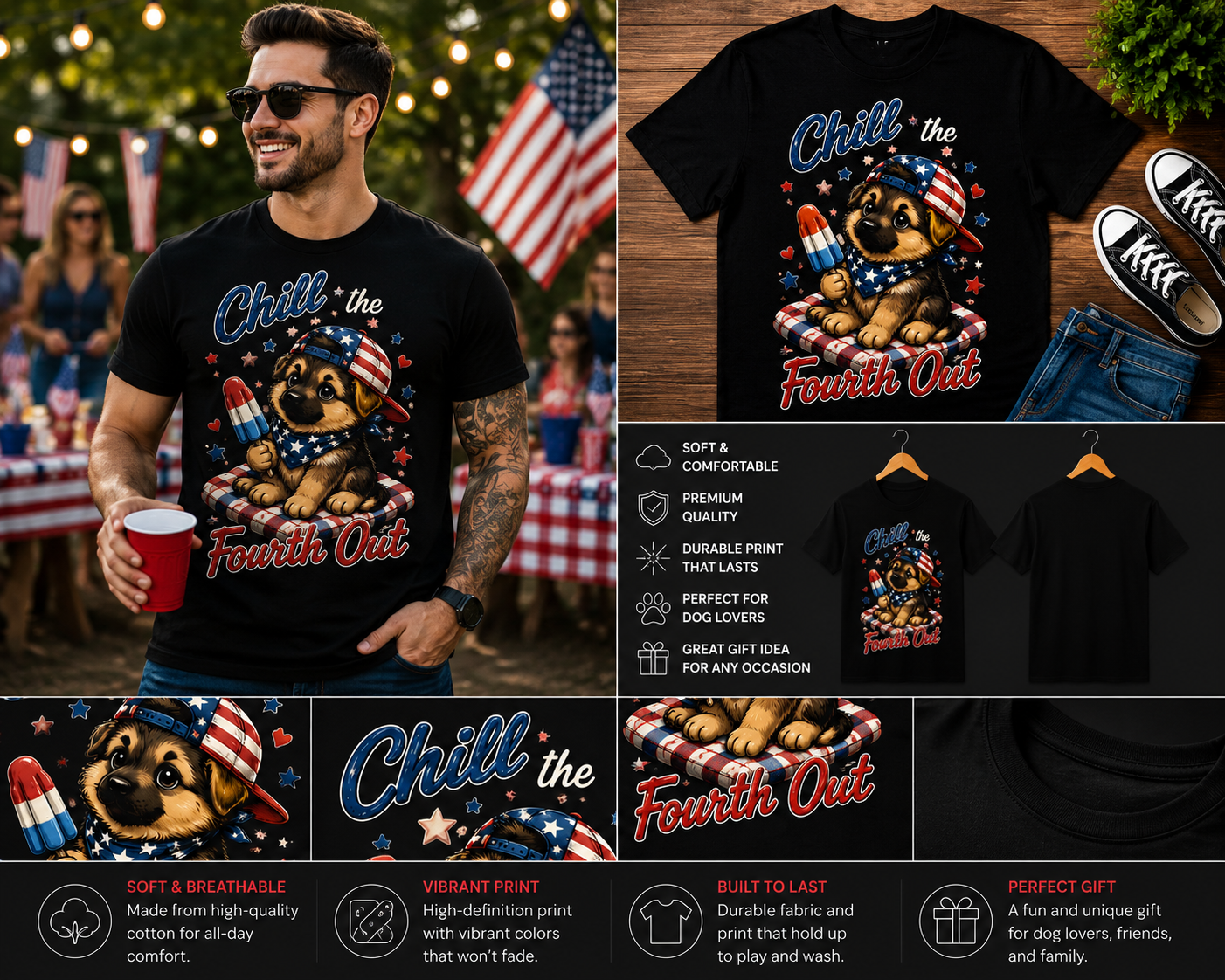 Chill The Fourth Out Cute Patriotic Puppy T-Shirt – Funny 4th of July Dog Lover Independence Day Tee