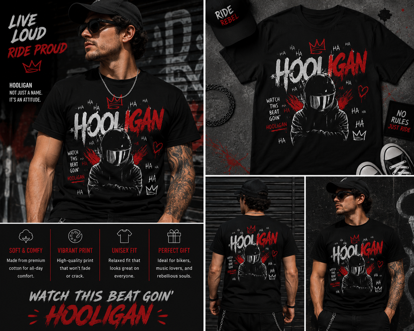 Hooligan Streetwear Graphic T-Shirt – Urban Rider Helmet Punk Style Unisex Tee