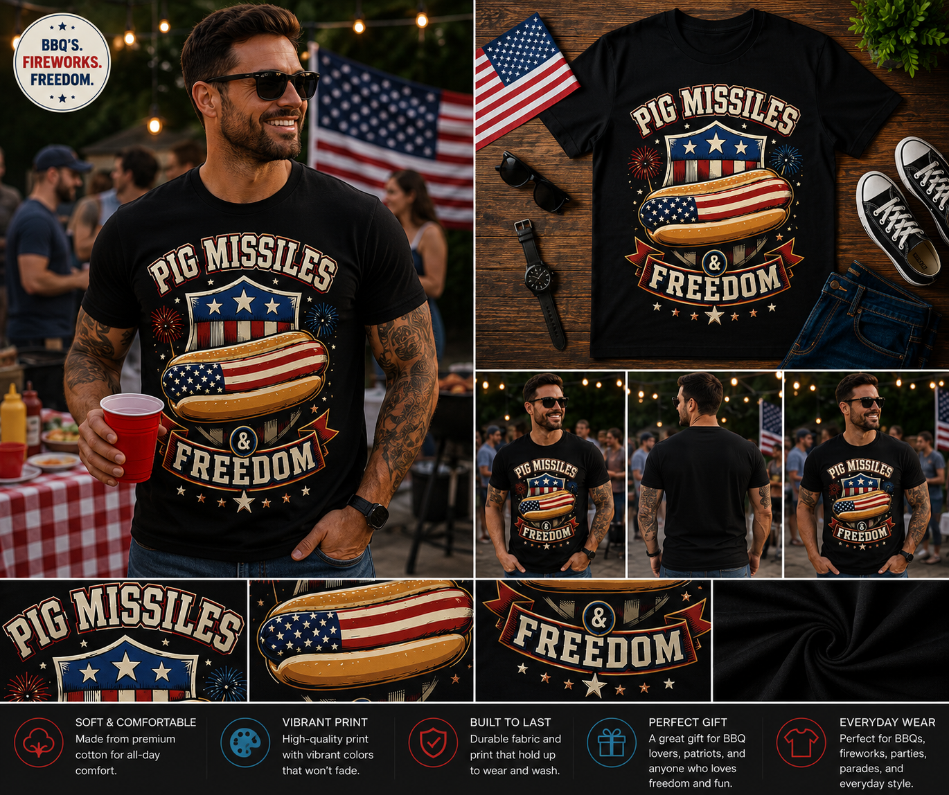 Pig Missiles & Freedom Patriotic Hot Dog T-Shirt – Funny 4th of July BBQ American Flag Tee