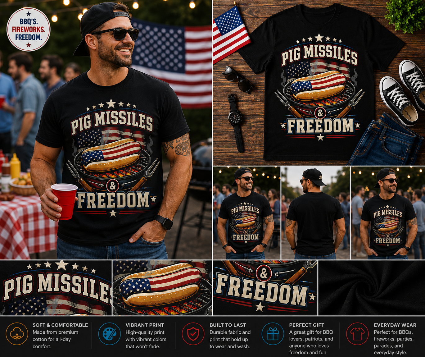 Pig Missiles & Freedom Patriotic BBQ Hot Dog T-Shirt – Funny 4th of July Grilling Tee