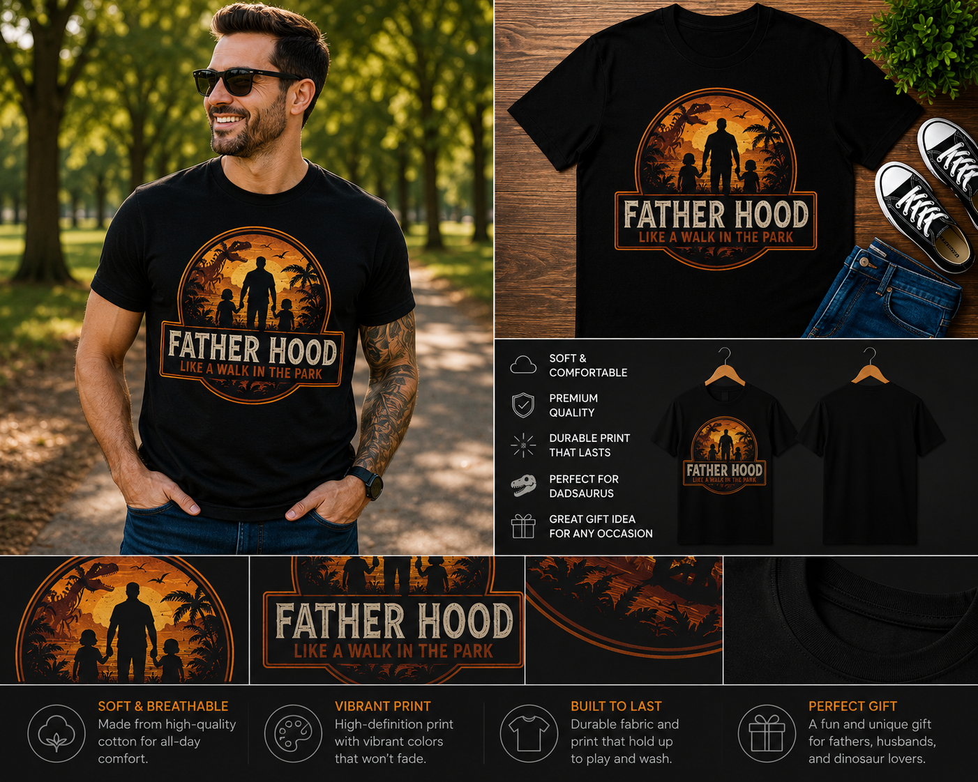 Fatherhood Like a Walk in the Park Dinosaur Dad T-Shirt – Funny Jurassic Father's Day Graphic Tee for Dads