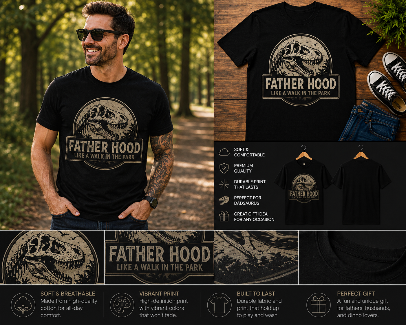 Fatherhood Like a Walk in the Park T-Rex Skull Dad Shirt – Funny Dinosaur Father’s Day Graphic Tee
