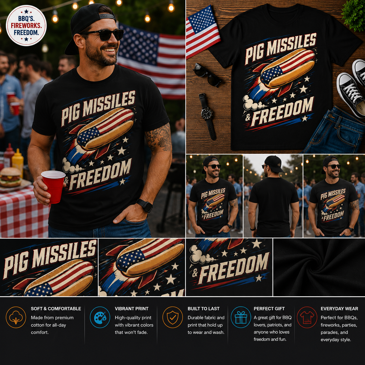 Pig Missiles & Freedom Patriotic Hot Dog Rocket T-Shirt – Funny 4th of July American BBQ Graphic Tee