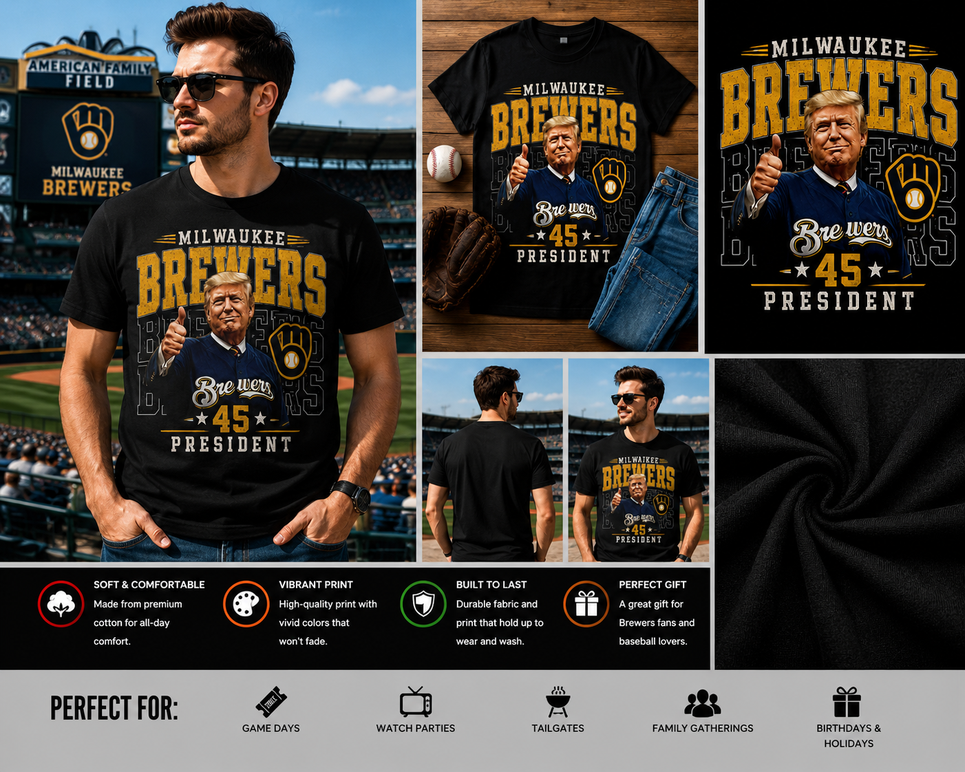 Milwaukee Brewers 45 President Baseball Fan T-Shirt – Vintage Brewers Supporter Graphic Tee