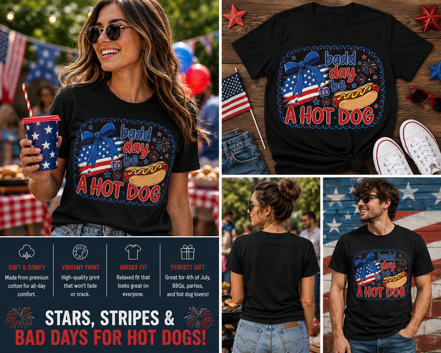 Bad Day To Be A Hot Dog Shirt, Funny 4th of July T-Shirt, Patriotic Hotdog Tee, USA Flag Graphic Shirt, Memorial Day BBQ Party Shirt
