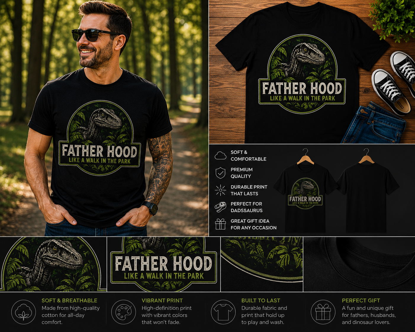 Fatherhood Like a Walk in the Park Velociraptor Dad Shirt – Funny Dinosaur Father’s Day Graphic Tee