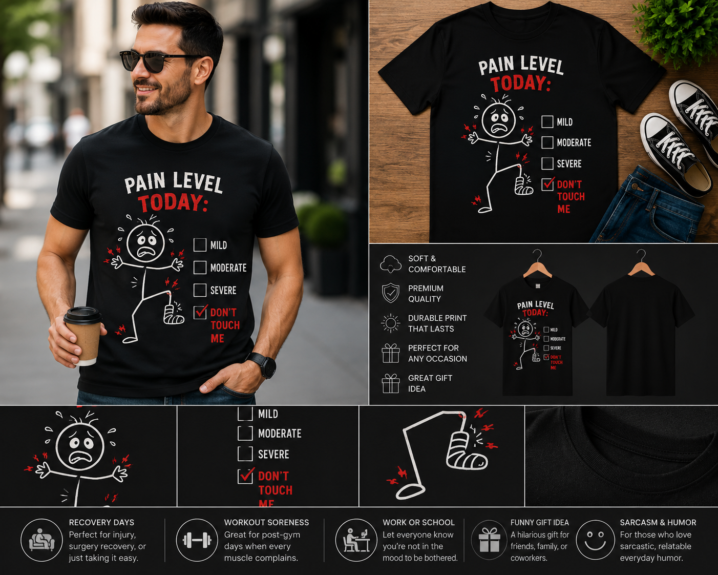 Pain Level Today: Don’t Touch Me Funny Injury Recovery T-Shirt – Sarcastic Humor Graphic Tee