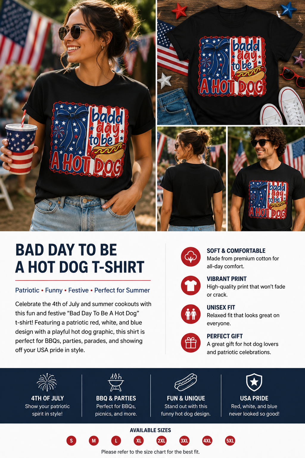 Funny 4th of July Hot Dog Shirt – “Bad Day To Be A Hot Dog” Patriotic Graphic Tee for Women, Retro American BBQ Party T-Shirt