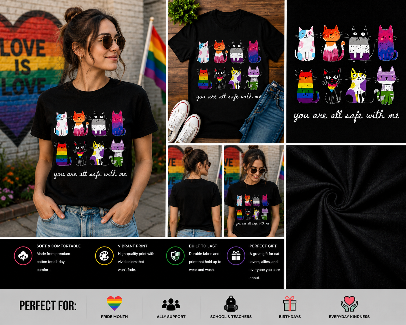 You Are All Safe With Me Cat Pride Shirt – Cute Inclusive Cats LGBTQ Ally T-Shirt, Rainbow Cat Lover Graphic Tee
