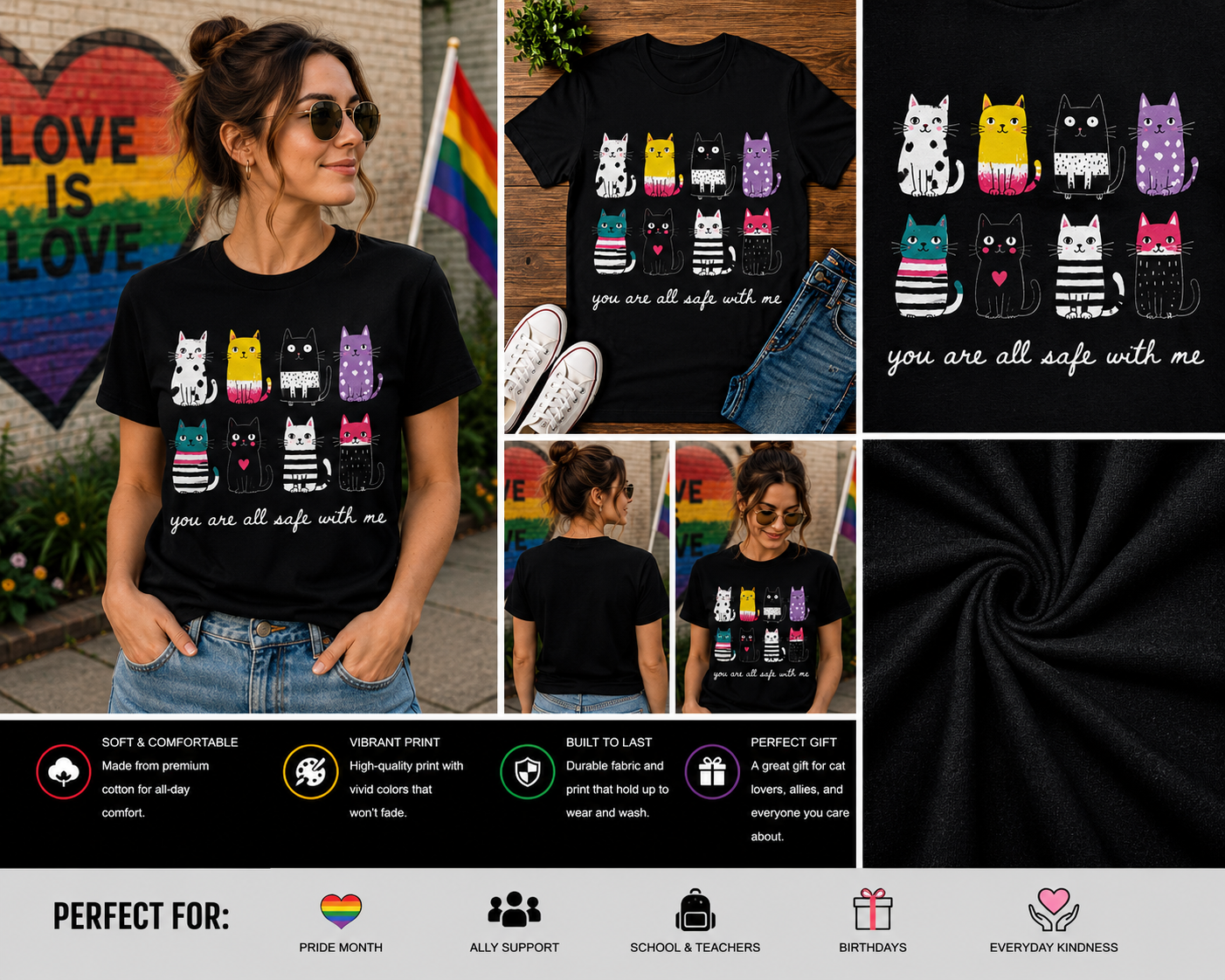 You Are All Safe With Me Cat Pride Shirt – Cute Inclusive Cat Lover T-Shirt, LGBTQ Ally Support Graphic Tee