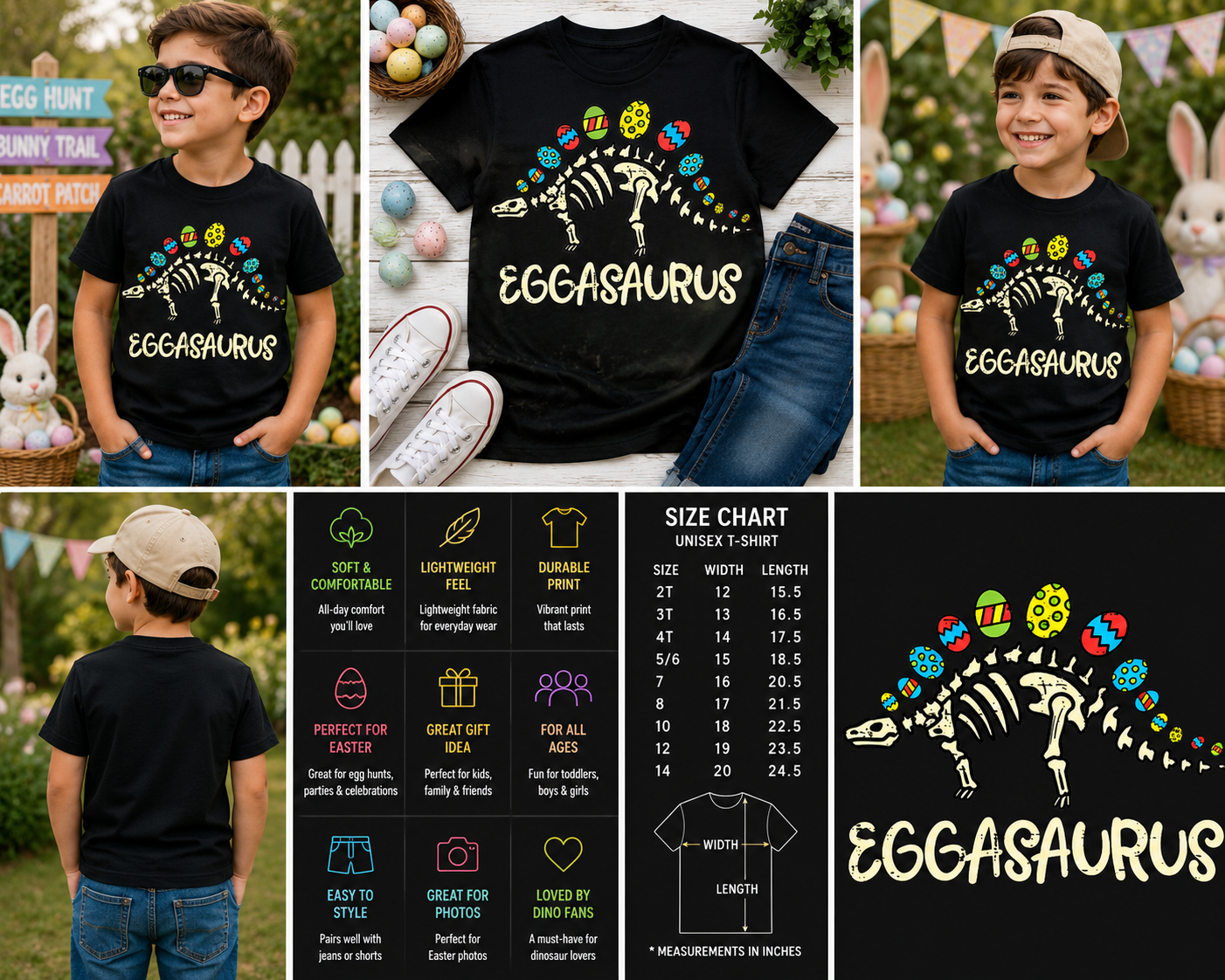 Eggasaurus Easter Dinosaur Shirt – Funny Dino Easter Eggs Graphic Tee for Kids Boys Girls Toddler