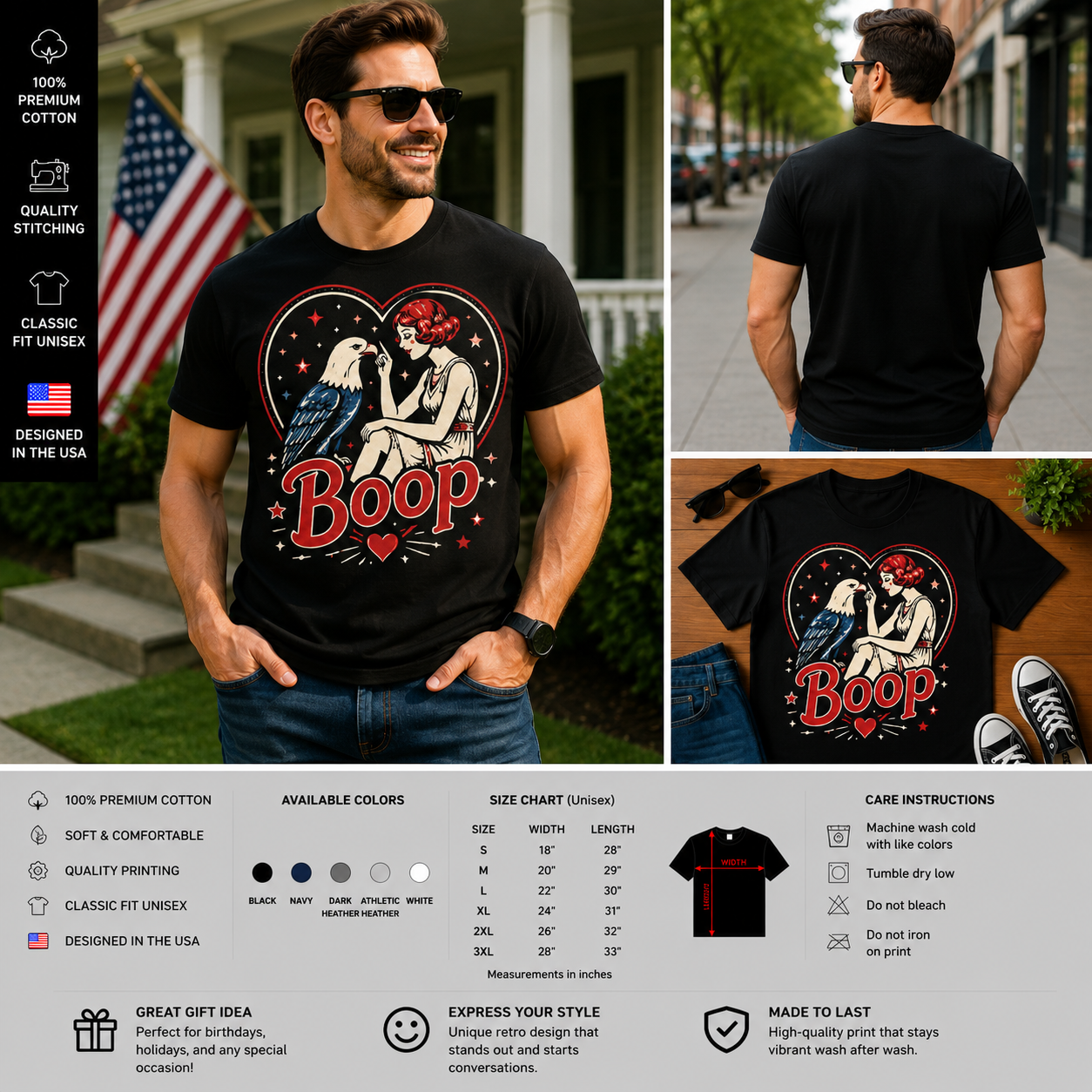 Boop Vintage Pin-Up Girl & Eagle Patriotic Retro T-Shirt – Funny Americana Graphic Tee