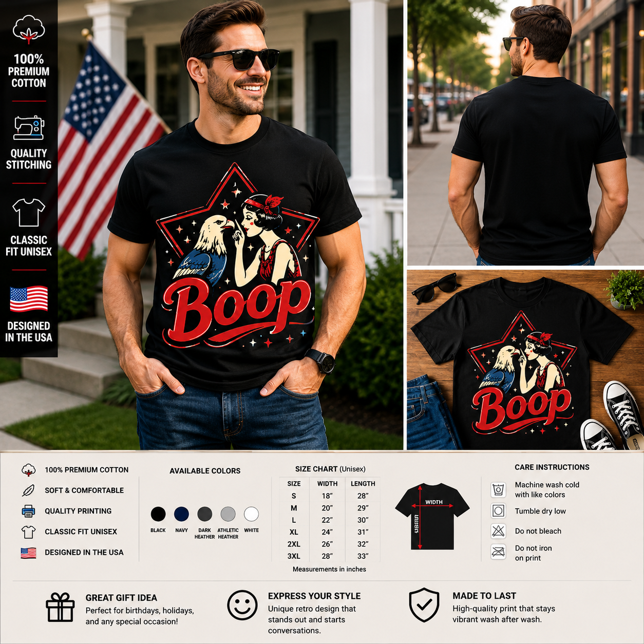 Boop Vintage Girl and Eagle Patriotic Retro Graphic T-Shirt