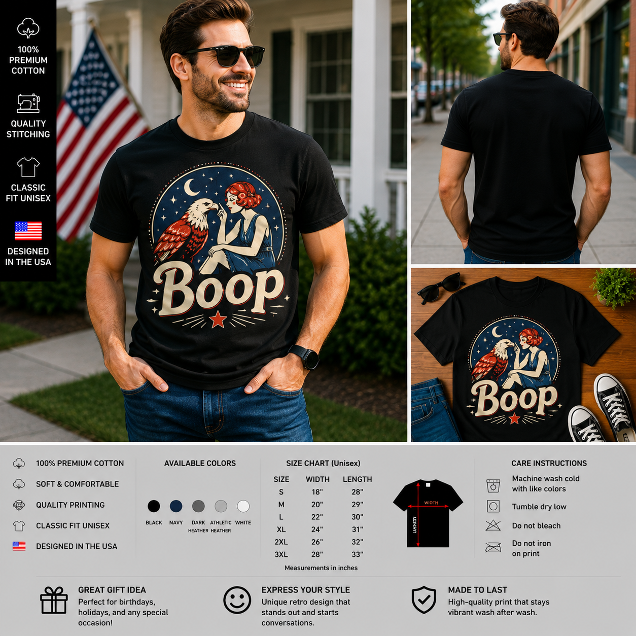 Boop Vintage Eagle Retro Patriotic Graphic T-Shirt