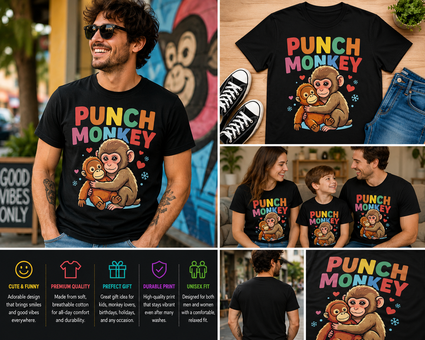 Punch Monkey Cute Cartoon Monkey Hugging Graphic T-Shirt for Kids & Adults