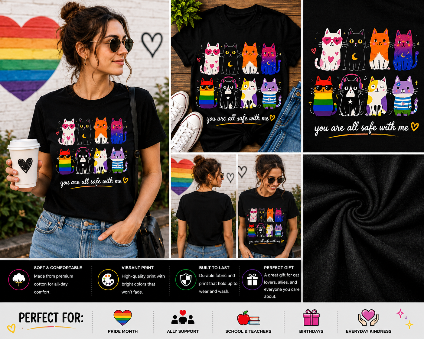 You Are All Safe With Me Cute Rainbow Cats LGBTQ Pride Ally T-Shirt | Inclusive Cat Lover Graphic Tee