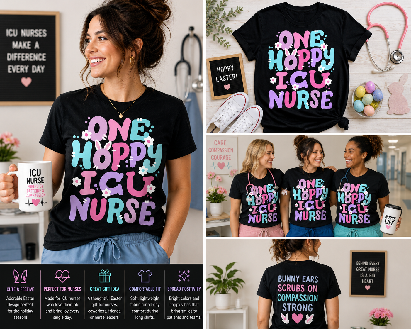 One Hoppy ICU Nurse Easter Bunny Shirt, Cute ICU Nurse Easter Tee, Retro Groovy Bunny Nurse T-Shirt, Easter Nurse Gift for Women