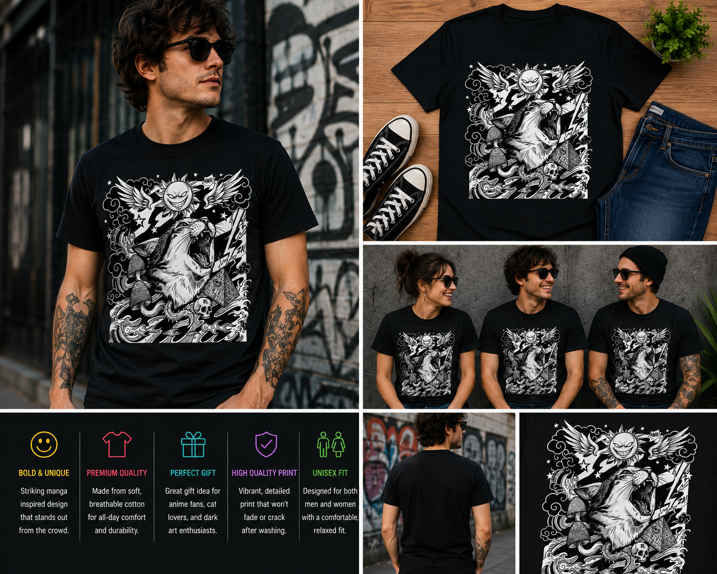 Screaming Cat Manga Gothic Graphic T-Shirt – Dark Fantasy Japanese Style Anime Tee