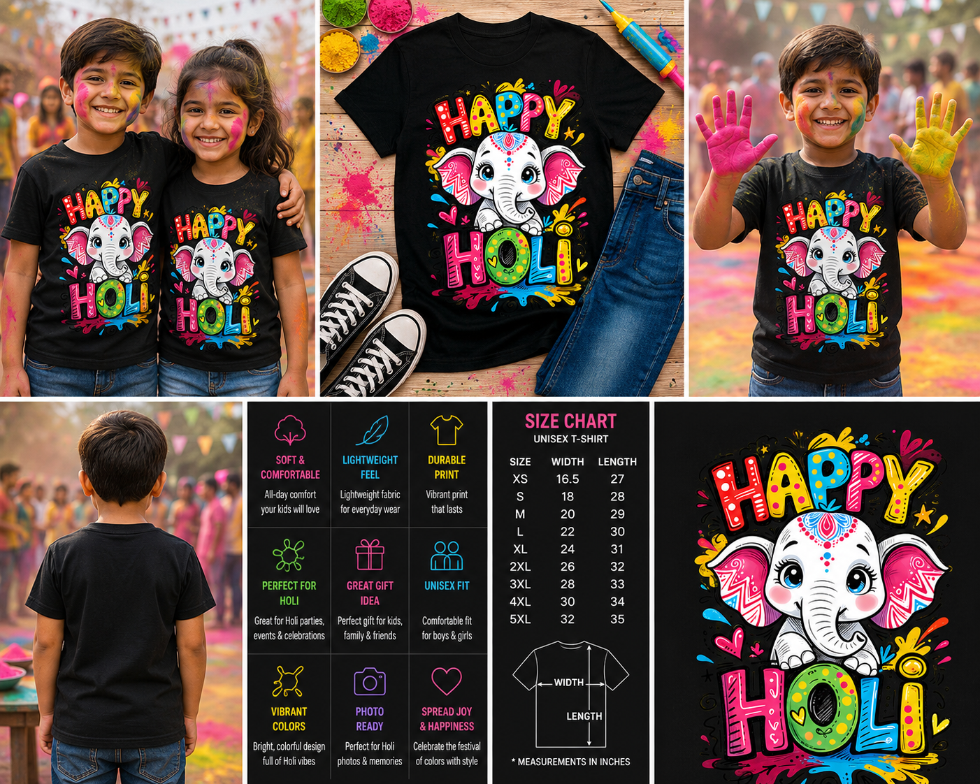 Happy Holi Elephant T-Shirt – Colorful Festival of Colors Graphic Tee for Kids & Toddlers