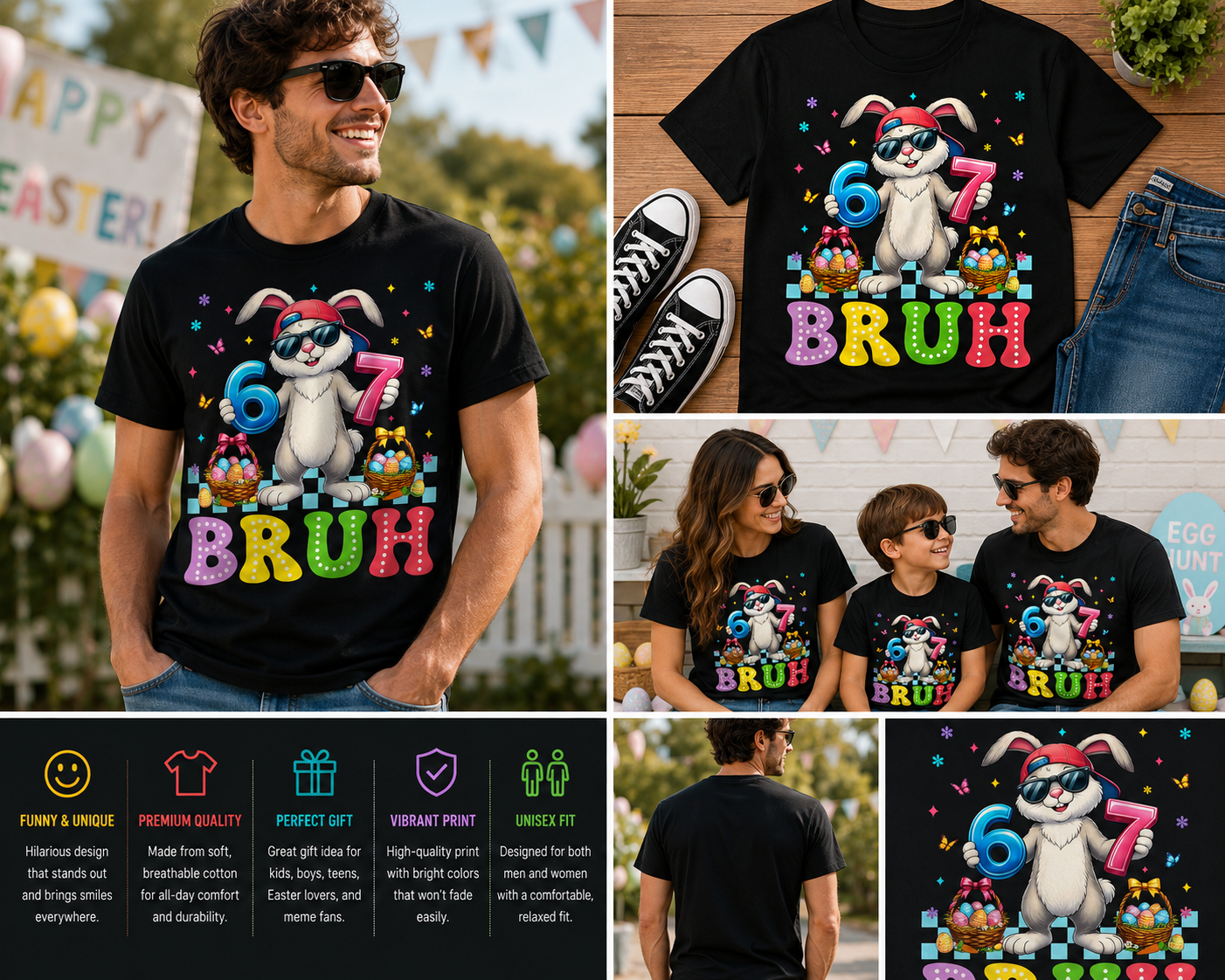Six Seven Bruh Funny Easter Bunny T-Shirt – Cool Rabbit Meme Graphic Tee for Kids