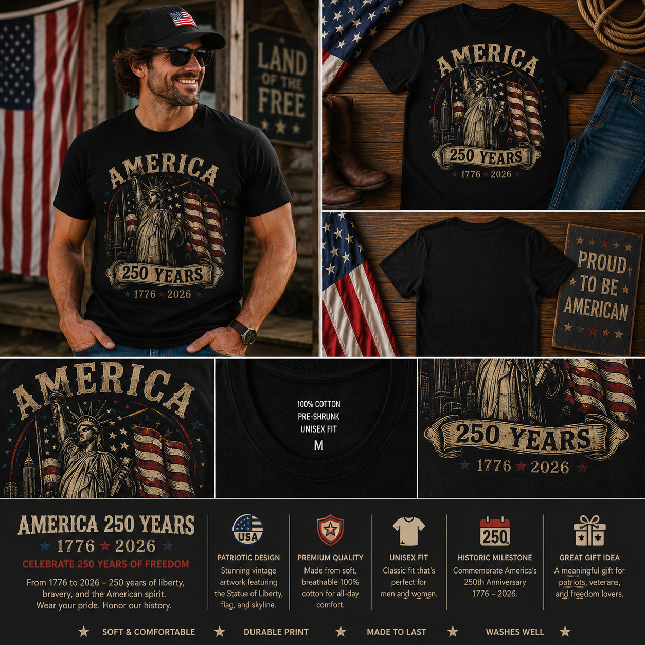 America 250 Years Statue of Liberty Patriotic T-Shirt – Vintage USA 1776–2026 Anniversary Independence Day Graphic Tee