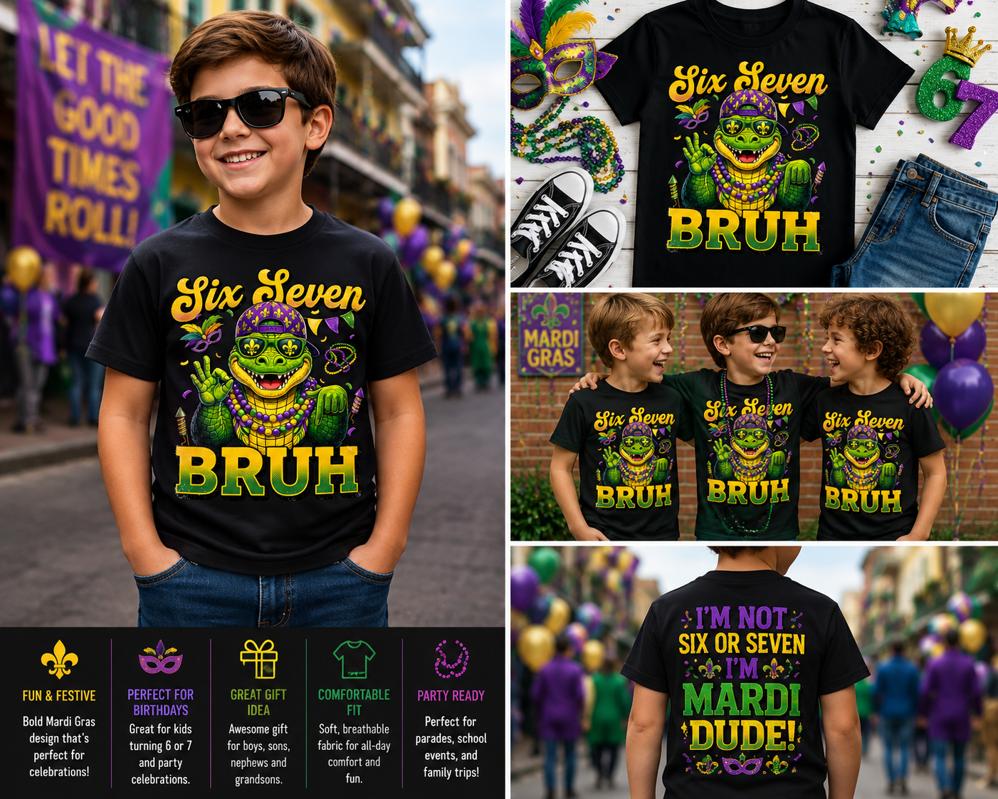 Six Seven Bruh Mardi Gras Alligator T-Shirt for Boys Kids – Funny Mardigator Birthday Party Tee