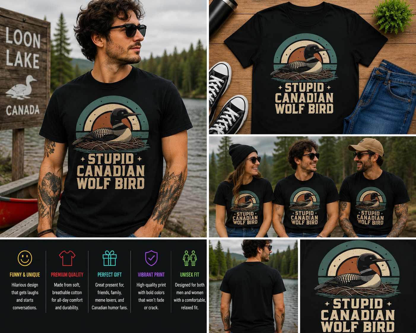 Stupid Canadian Wolf Bird Vintage Nature Meme Graphic T-Shirt – Funny Wildlife Looney Lake Loon Tee
