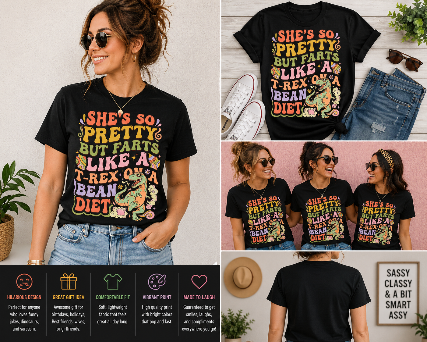 She’s So Pretty But She Farts Like A T-Rex On A Bean Diet T-Shirt – Funny Dinosaur Retro Graphic Tee