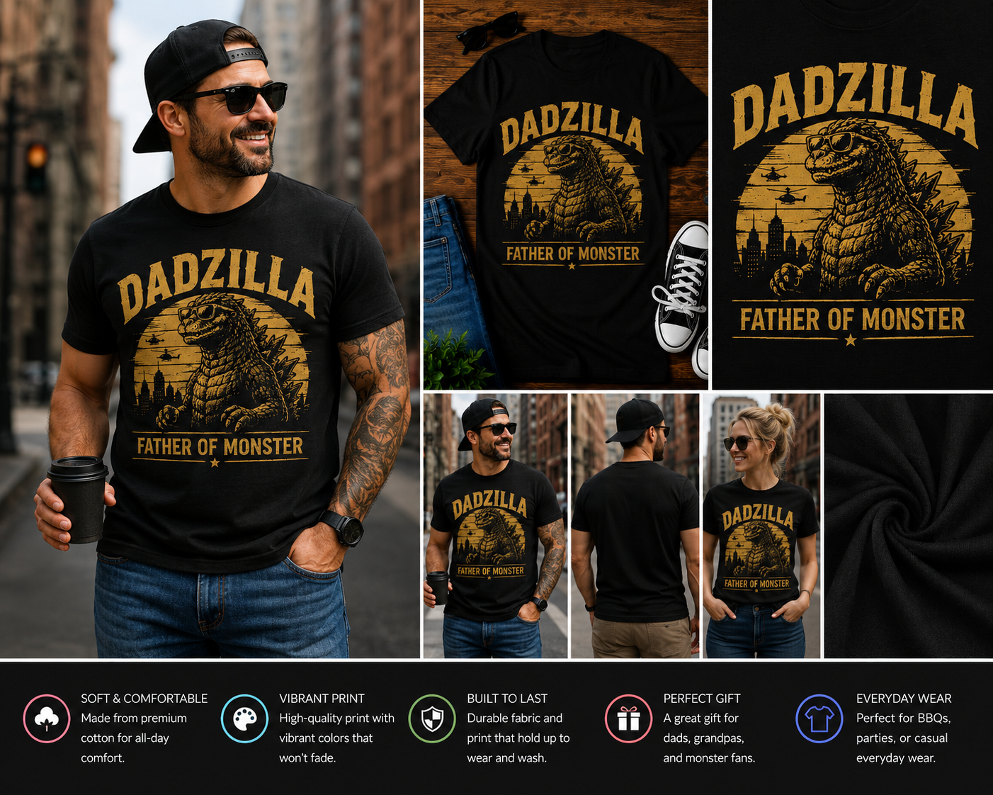 Dadzilla Father of Monster Funny Dad T-Shirt – Vintage Kaiju Father’s Day Graphic Tee for Dads