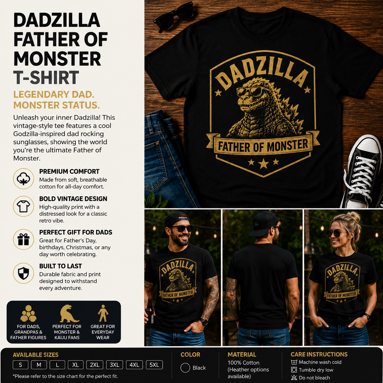 Dadzilla Father of Monster Funny Dad Kaiju Vintage Graphic T-Shirt