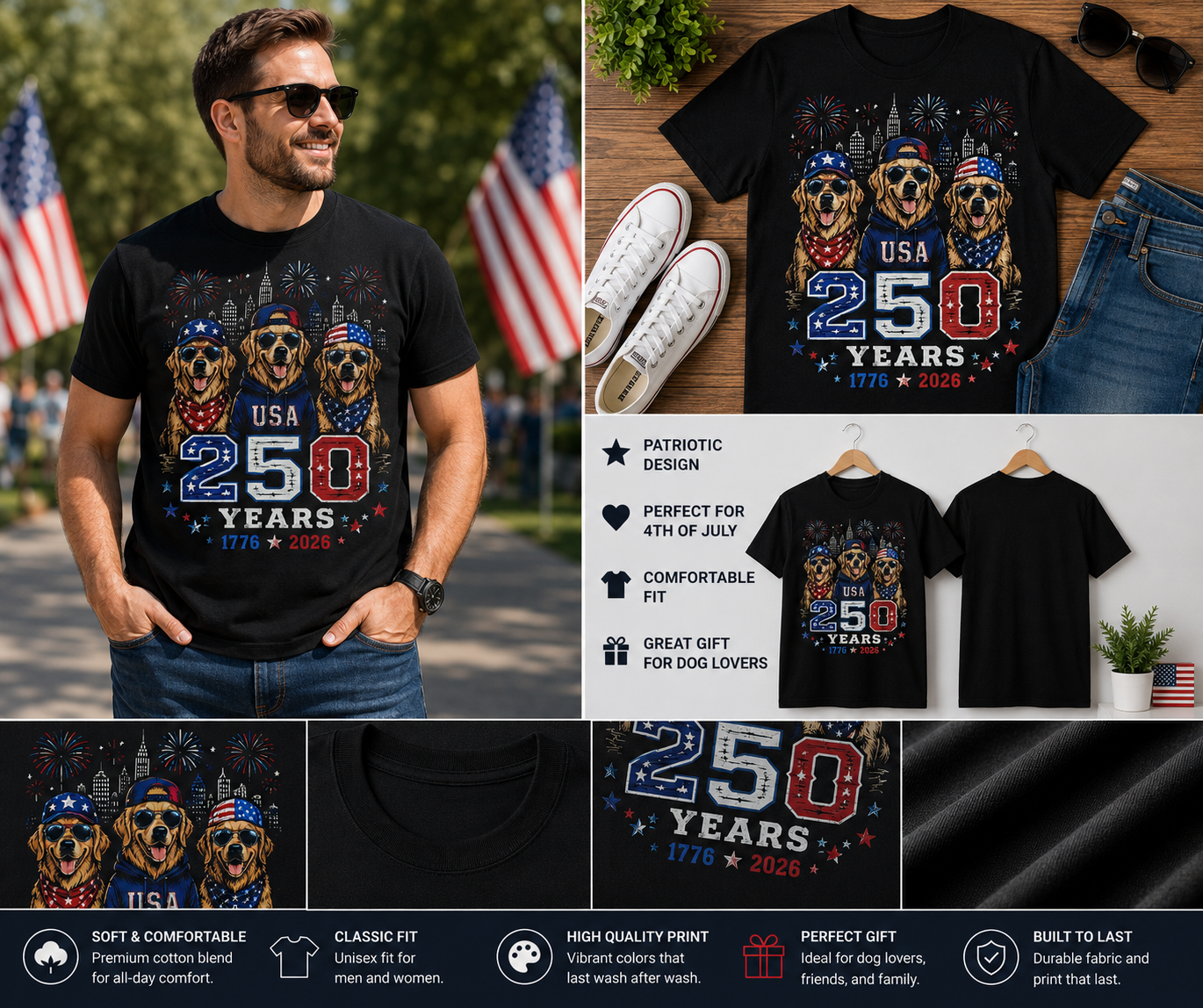Golden Retriever USA 250 Years Patriotic T-Shirt – America 1776–2026 4th of July Anniversary Dog Lover Tee
