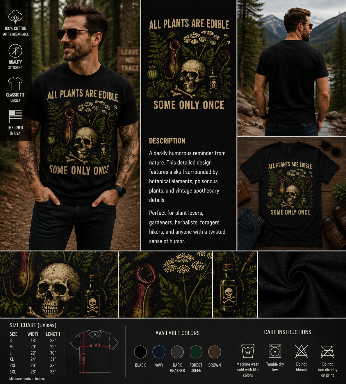 All Plants Are Edible Some Only Once Funny Skull Botanical T-Shirt – Dark Humor Nature Graphic Tee