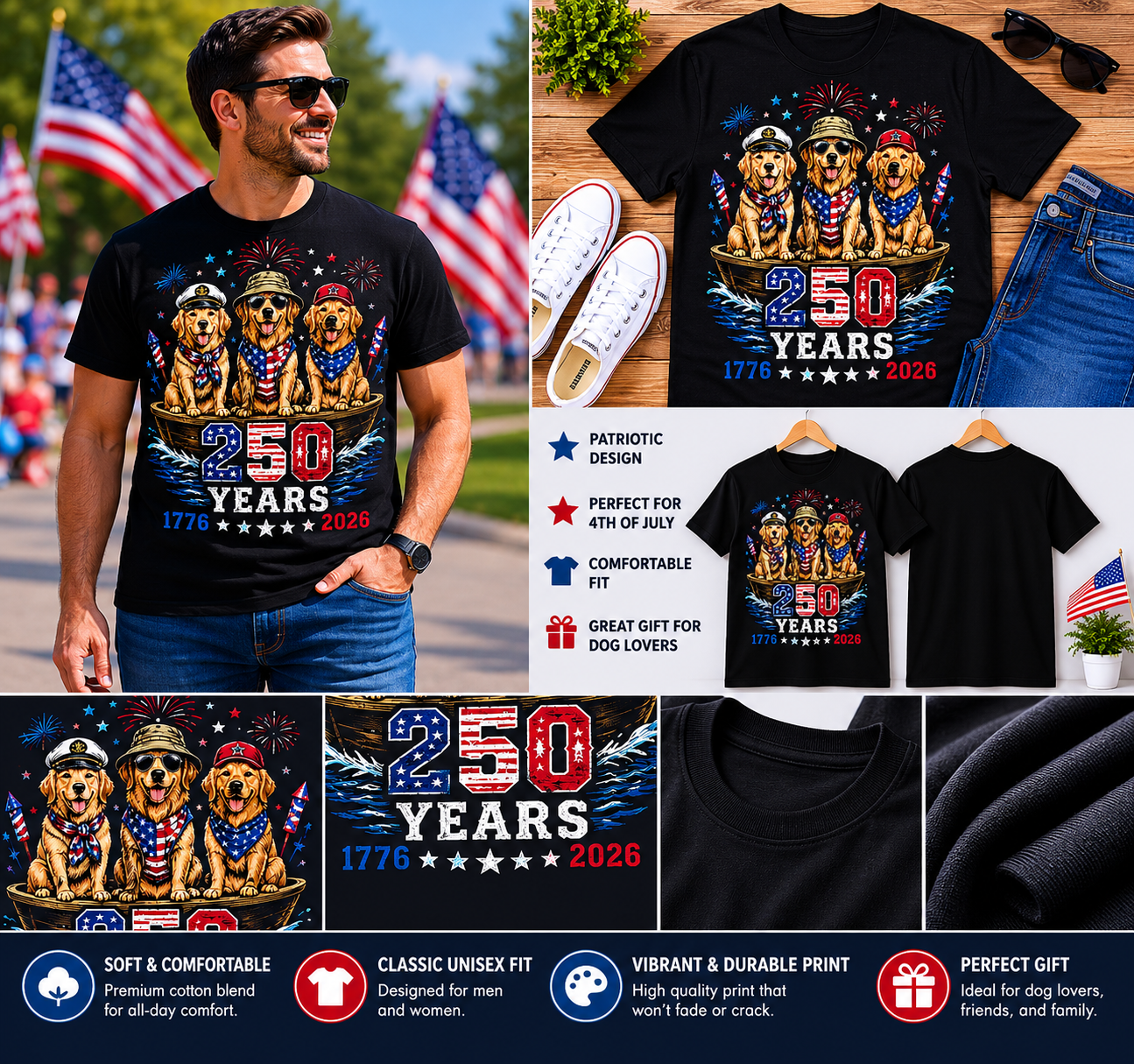 Golden Retriever USA 250 Years 1776–2026 Patriotic 4th of July Dog Lover T-Shirt