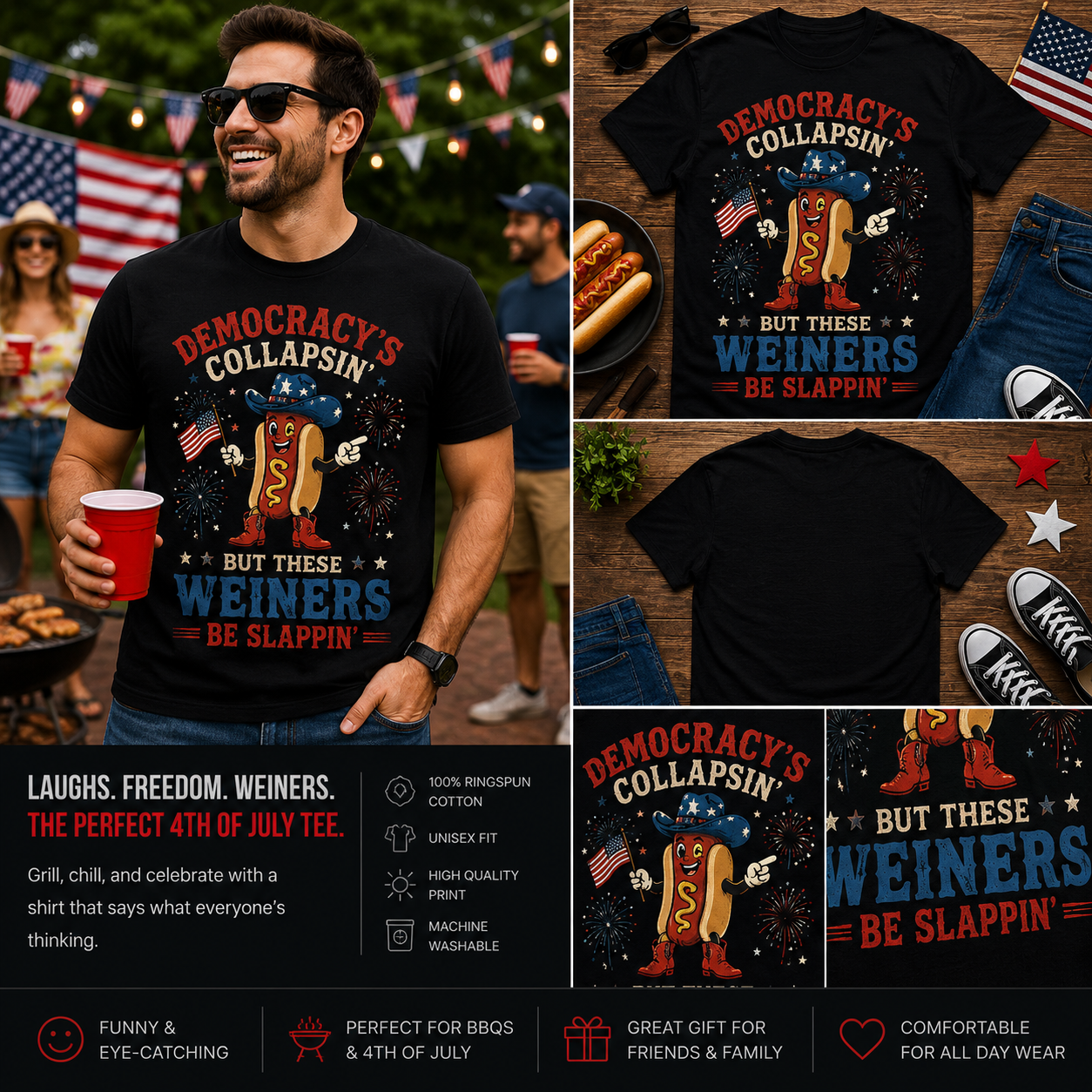 Democracy’s Collapsin’ But These Weiners Be Slappin’ Funny Patriotic Hot Dog 4th of July T-Shirt