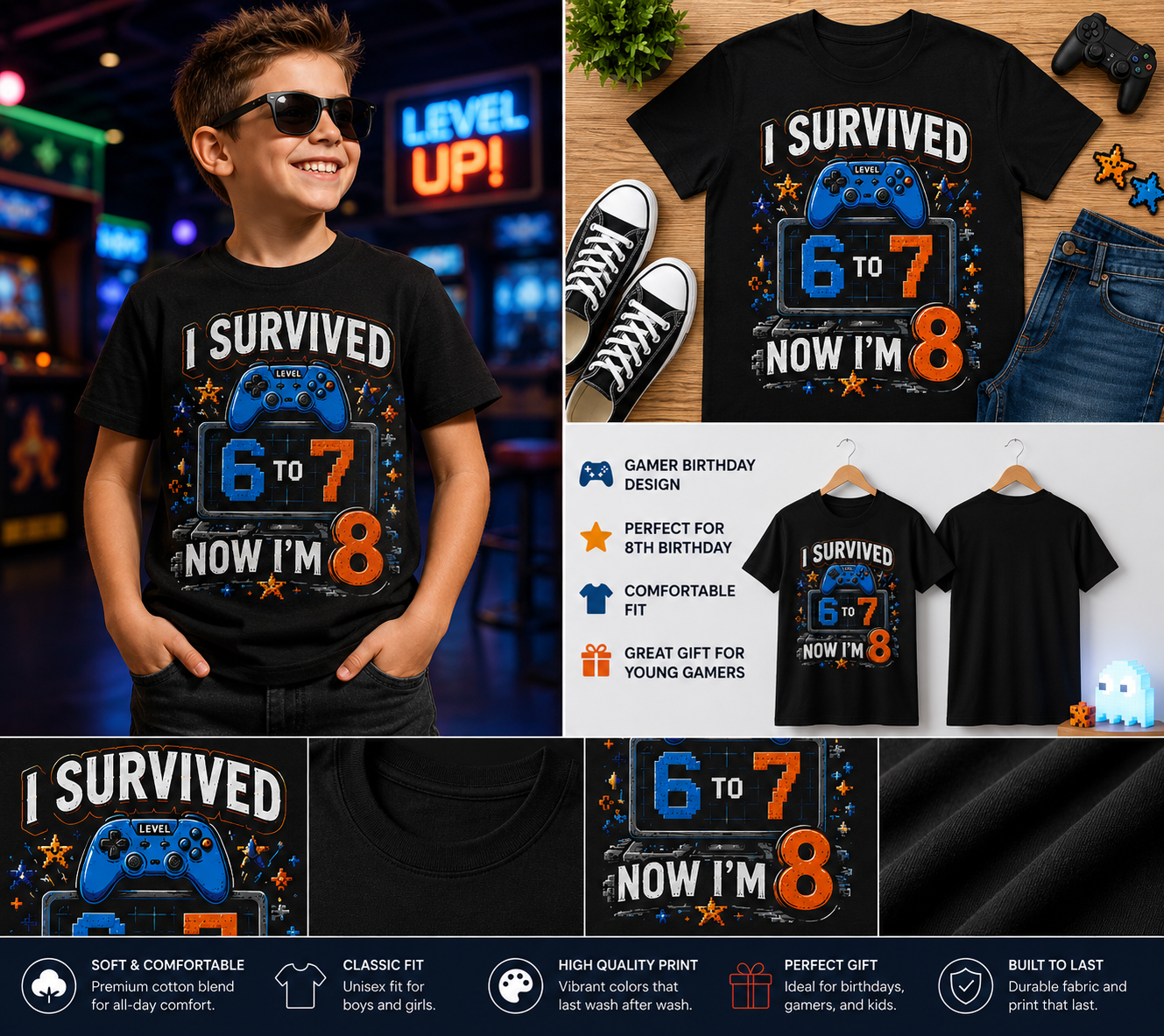 I Survived Level 6 to 7 Now I’m 8 Gamer Birthday Boy T-Shirt
