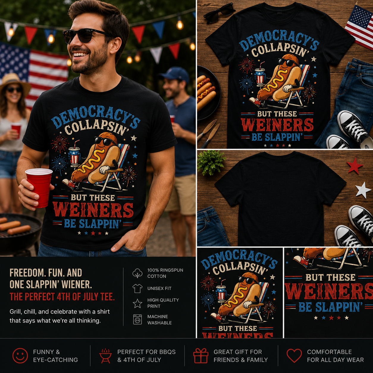 Democracy’s Collapsin’ But These Weiners Be Slappin’ Funny 4th of July Hot Dog Graphic T-Shirt