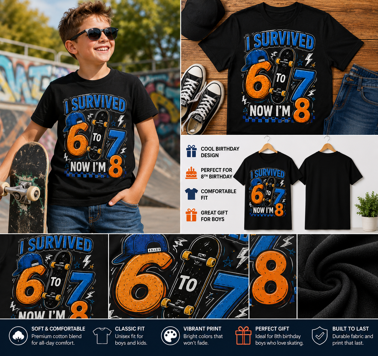 I Survived 6 to 7 Now I’m 8 Skateboard Birthday Boy T-Shirt