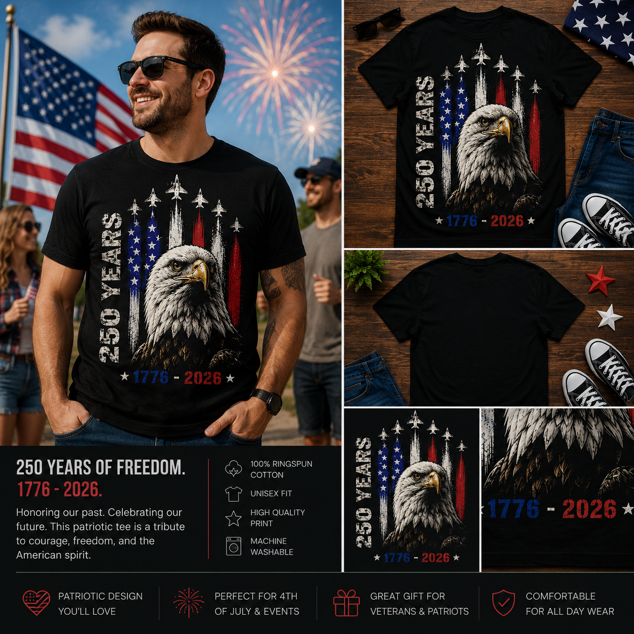 250 Years of American Freedom Bald Eagle Patriotic 1776–2026 Anniversary T-Shirt