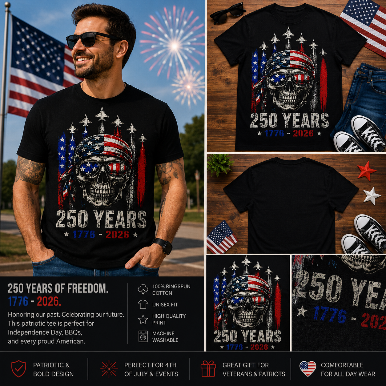 250 Years of American Freedom Skull Patriotic 1776–2026 Independence Day T-Shirt