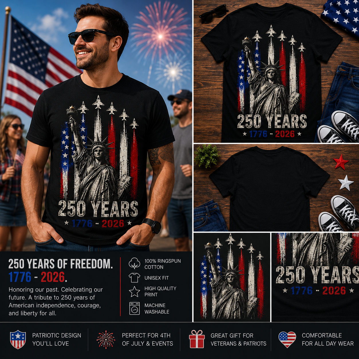 250 Years Statue of Liberty Patriotic USA 1776–2026 Anniversary T-Shirt, American Independence Day 4th of July Freedom Graphic Tee