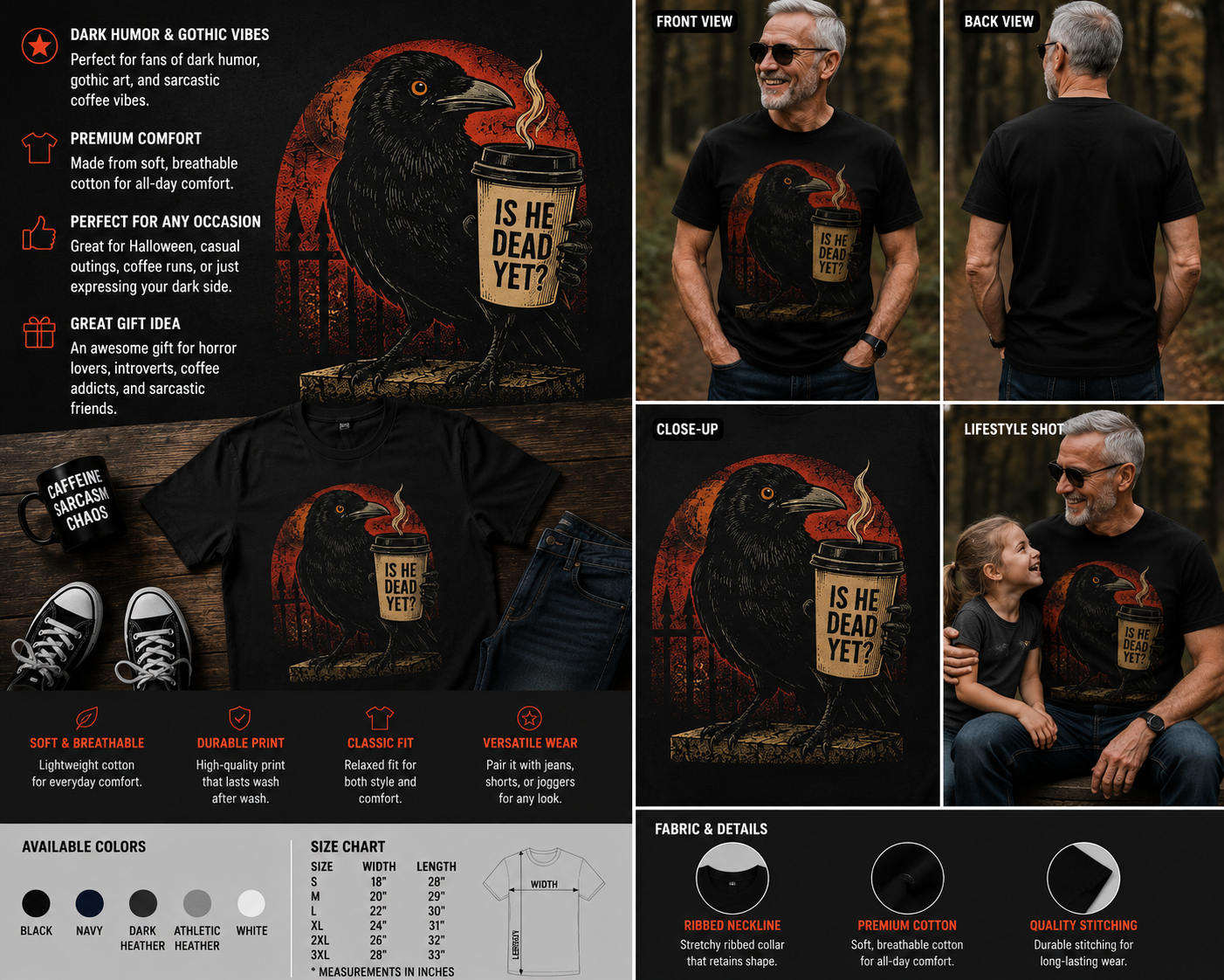 Vintage Raven Coffee Lover T-Shirt – “Is He Dead Yet?” Dark Humor Gothic Graphic Tee