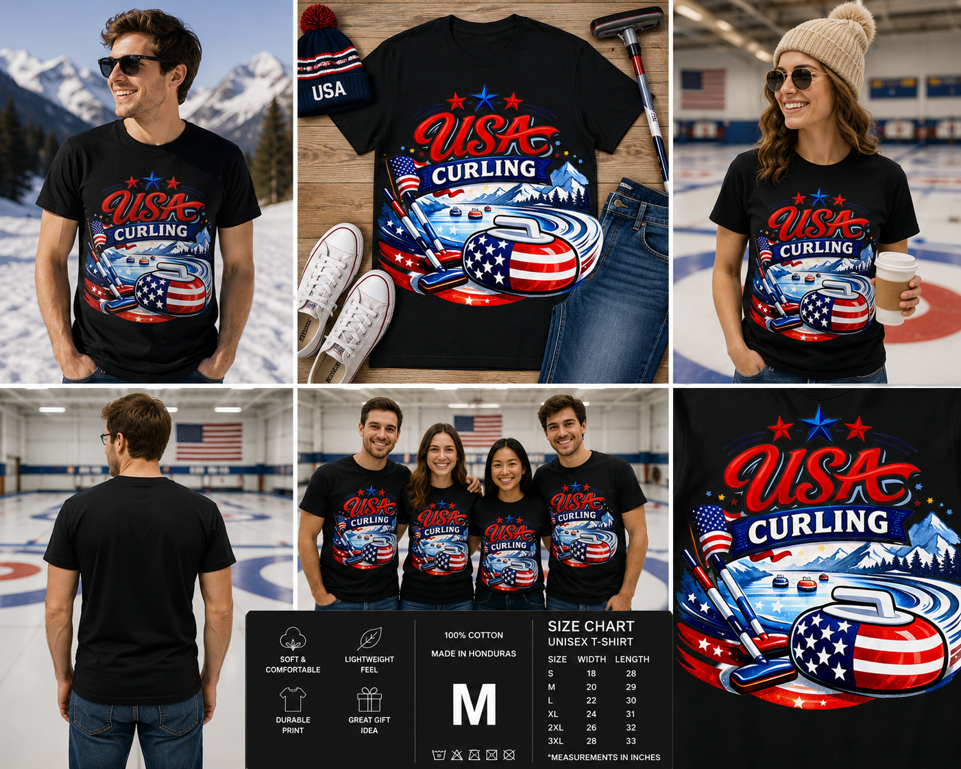 USA Curling American Flag Winter Sports T-Shirt for Curling Fans